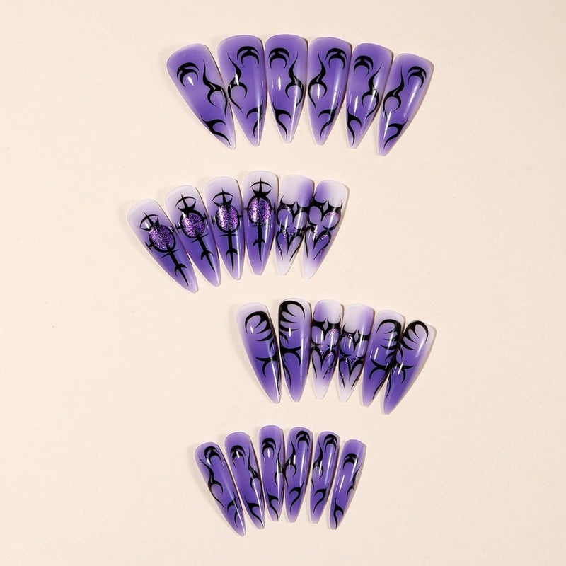 SEENEEY Halloween Press on Nails Long Stiletto Fake Nails Purple Artificial Nail Press ons with Black Charm Designs Designs Stick on Nail for Women 24pcs - Image 2